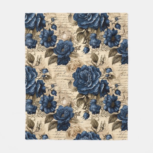 Elegant Blauw Rozen Bloemenpatroon Fleece Deken (Voorkant)