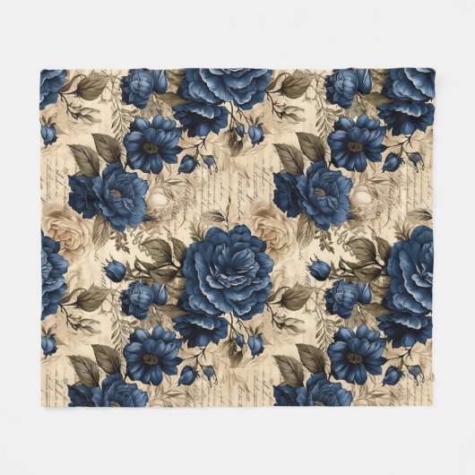 Elegant Blauw Rozen Bloemenpatroon Fleece Deken (Voorkant (Horizontaal))
