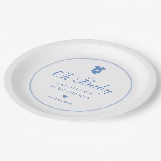Elegant Blauw Script Boys Oh Baby shower Papieren Bordje (Gekanteld)