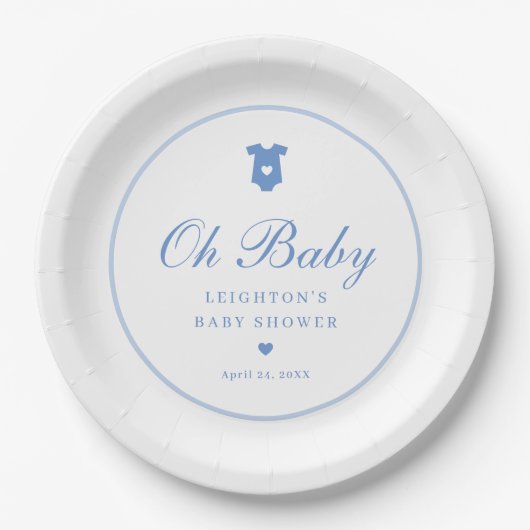 Elegant Blauw Script Boys Oh Baby shower Papieren Bordje (Voorkant)