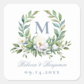 Elegant Blauw Script Floral Crest Monogram Bruilof Vierkante Sticker (Voorkant)
