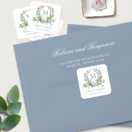 Elegant Blauw Script Floral Crest Monogram Bruilof Vierkante Sticker