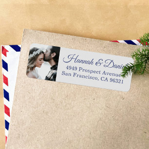 Elegant blauw script foto bruiloft retour adres etiket