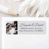 Elegant blauw script foto bruiloft retour adres etiket (Insitu)