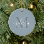 Elegant Blauw Script Monogram Naam Kerstmis Keramisch Ornament<br><div class="desc">Elegant Blauw Goud Script Gepersonaliseerd Monogram Naam Kerst Ornament</div>