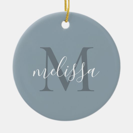 Elegant Blauw Script Monogram Naam Kerstmis Keramisch Ornament (Voorkant)
