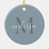 Elegant Blauw Script Monogram Naam Kerstmis Keramisch Ornament (Achterkant)