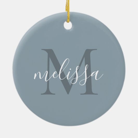 Elegant Blauw Script Monogram Naam Kerstmis Keramisch Ornament (Achterkant)