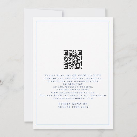 Elegant Blauw Script QR Code Bruiloft Kaart (Achterkant)