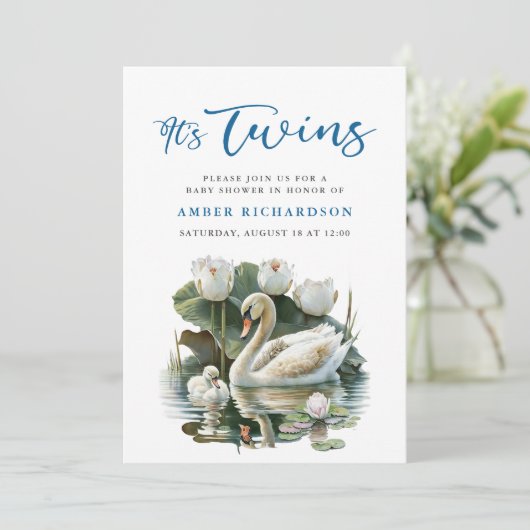 Elegant Blauw Script Swan Simple Boy Baby shower Kaart (Staand voorkant)