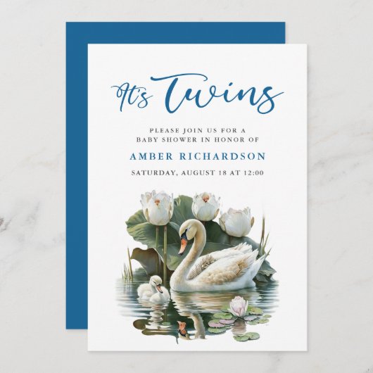 Elegant Blauw Script Swan Simple Boy Baby shower Kaart (Voorkant / Achterkant)