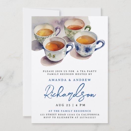 Elegant Blauw Script Tea Party Reünie Waterverf Kaart (Voorkant)