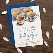 Elegant Blauw Script Tea Party Reünie Waterverf Kaart