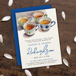 Elegant Blauw Script Tea Party Reünie Waterverf Kaart
