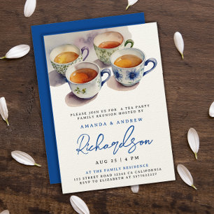 Elegant Blauw Script Tea Party Reünie Waterverf Kaart