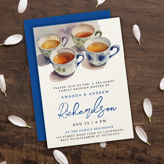 Elegant Blauw Script Tea Party Reünie Waterverf Kaart