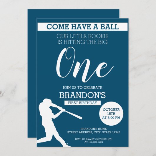 Elegant blauw silhouet honkbal 1e verjaardag kaart (Voorkant / Achterkant)