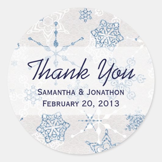 Elegant Blauw & Silver Vakantie Sneeuwvlok Dank u Ronde Sticker (Voorkant)