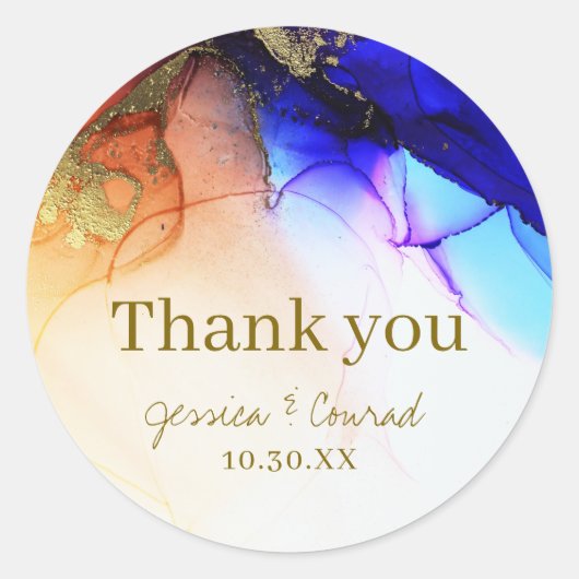 Elegant blauw Sinaasappel bruiloft Dank u Ronde Sticker (Voorkant)