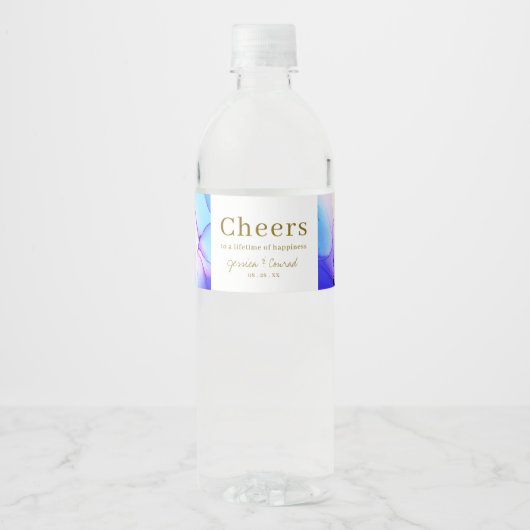 Elegant blauw Sinaasappel bruiloft Waterfles Etiket (Voorkant)