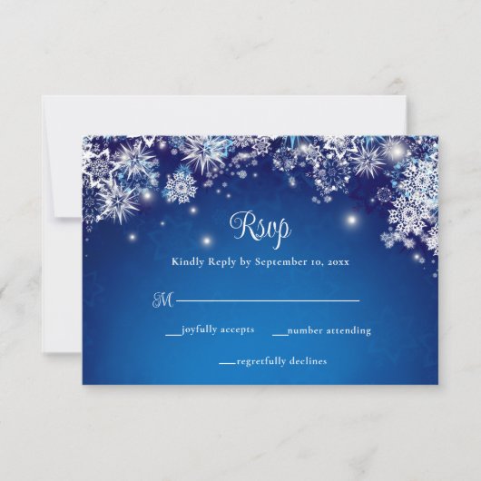 Elegant Blauw Sneeuwvlok Sparkle Bruiloft RSVP Kaartje (Voorkant)