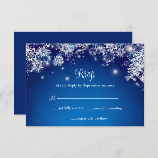 Elegant Blauw Sneeuwvlok Sparkle Bruiloft RSVP Kaartje (Voorkant / Achterkant)
