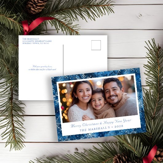 Elegant Blauw  Sneeuwvlokken Vakantie Foto Feestdagenkaart