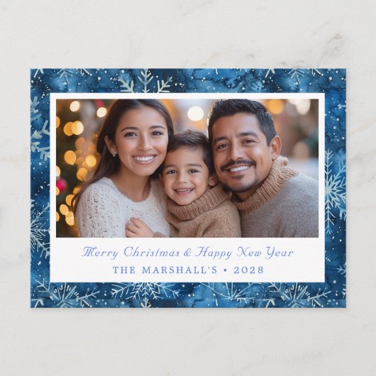 Elegant Blauw  Sneeuwvlokken Vakantie Foto Feestdagenkaart (Voorkant)