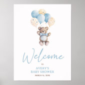 Elegant Blauw Teddy Bear Script Welkom Baby shower Poster (Voorkant)