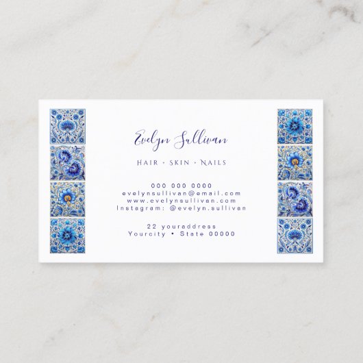 Elegant blauw tegels lijst visitekaartje (Achterkant)