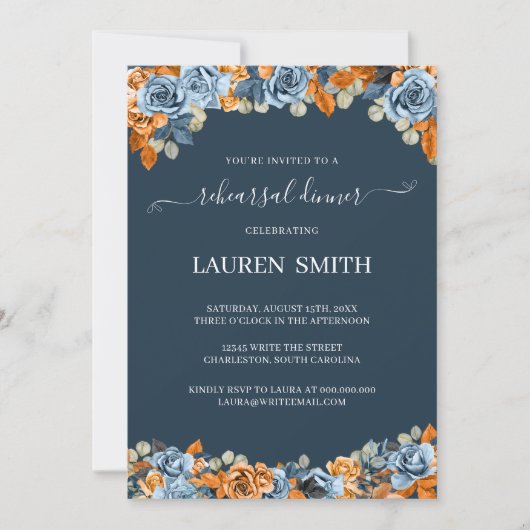 Elegant Blauw Terracota Bruiloft repetitie diner Kaart (Voorkant)