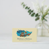 Elegant Blauw Terracotta Boho Waterverf Veer Visitekaartje (Staand voorkant)