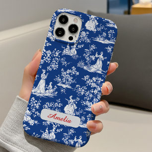 Elegant blauw toile chinoiserie bloemenmonogram iPhone 16 pro hoesje