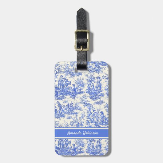 Elegant  blauw toile de jouy bagagelabel (Voorkant verticaal)