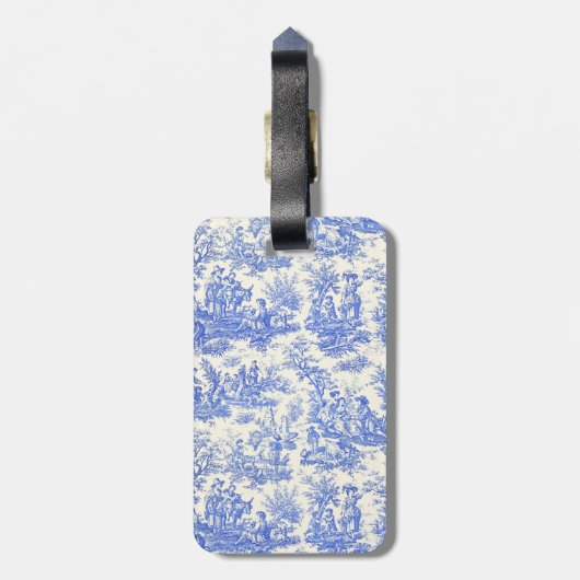 Elegant  blauw toile de jouy bagagelabel (Achterkant verticaal)