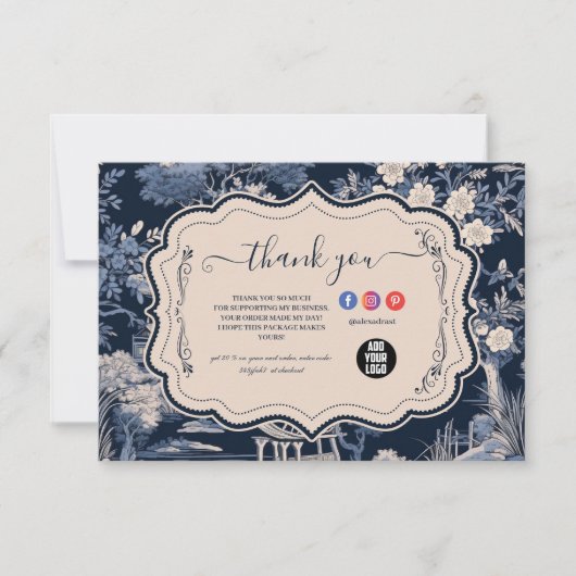 Elegant blauw Toile de Jouy Bedankkaart (Voorkant)