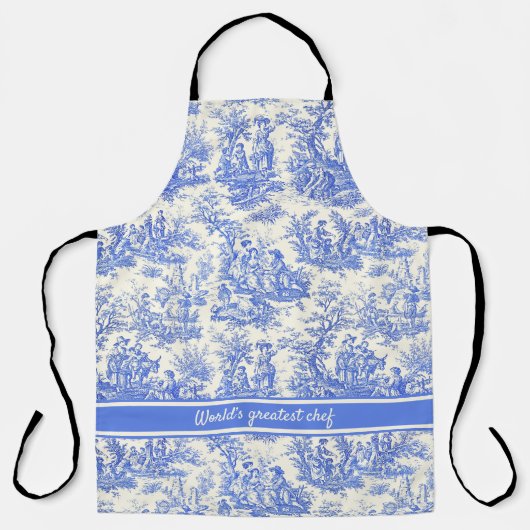 Elegant  blauw toile de jouy bedrukt schort (Voorkant)