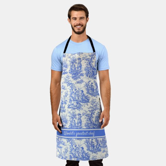 Elegant  blauw toile de jouy bedrukt schort (Gedragen)