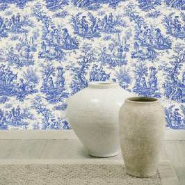 Elegant  blauw toile de jouy behang