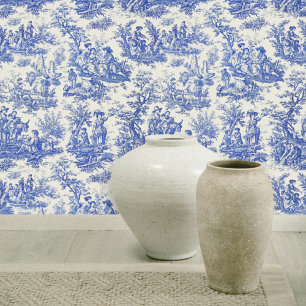 Elegant blauw toile de jouy behang
