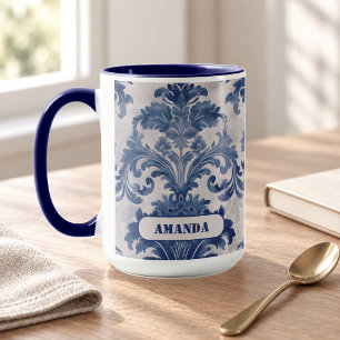 Elegant Blauw Toile de Jouy Damast Monogram Mok