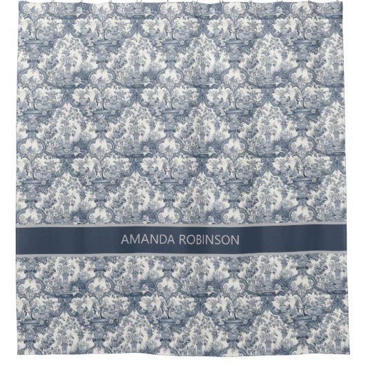 Elegant  Blauw toile de jouy monogram Douchegordijn (Voorkant)