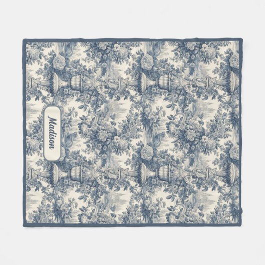 Elegant  Blauw toile de jouy monogram Fleece Deken (Voorkant (Horizontaal))