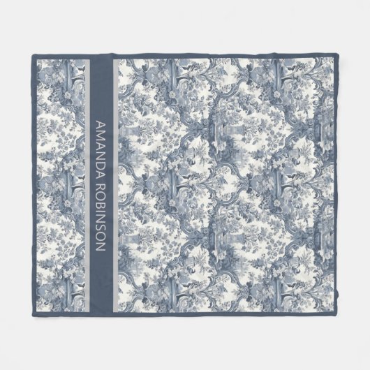 Elegant Blauw toile de jouy monogram Fleece Deken (Voorkant (Horizontaal))