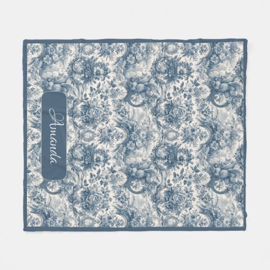 Elegant  Blauw toile de jouy monogram Fleece Deken (Voorkant (Horizontaal))