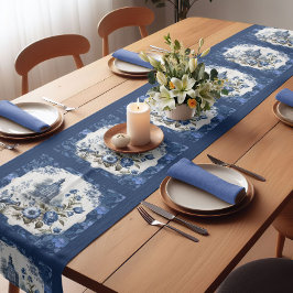 Elegant  Blauw toile de jouy monogram Korte Tafelloper