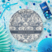 Elegant  Blauw toile de jouy monogram Papieren Bordje (Feest)