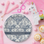 Elegant  Blauw toile de jouy monogram Papieren Bordje (Feest)