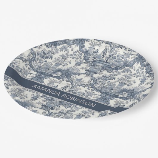 Elegant  Blauw toile de jouy monogram Papieren Bordje (Gekanteld)