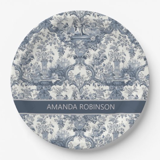 Elegant  Blauw toile de jouy monogram Papieren Bordje (Voorkant)